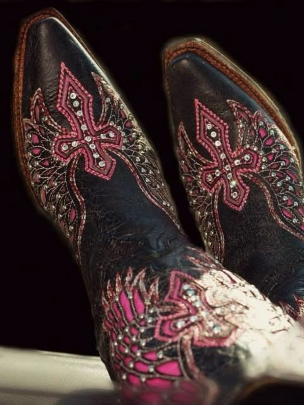 Corral Black Distressed Blingy Leather Cowboy Boots with Pink Embroidery